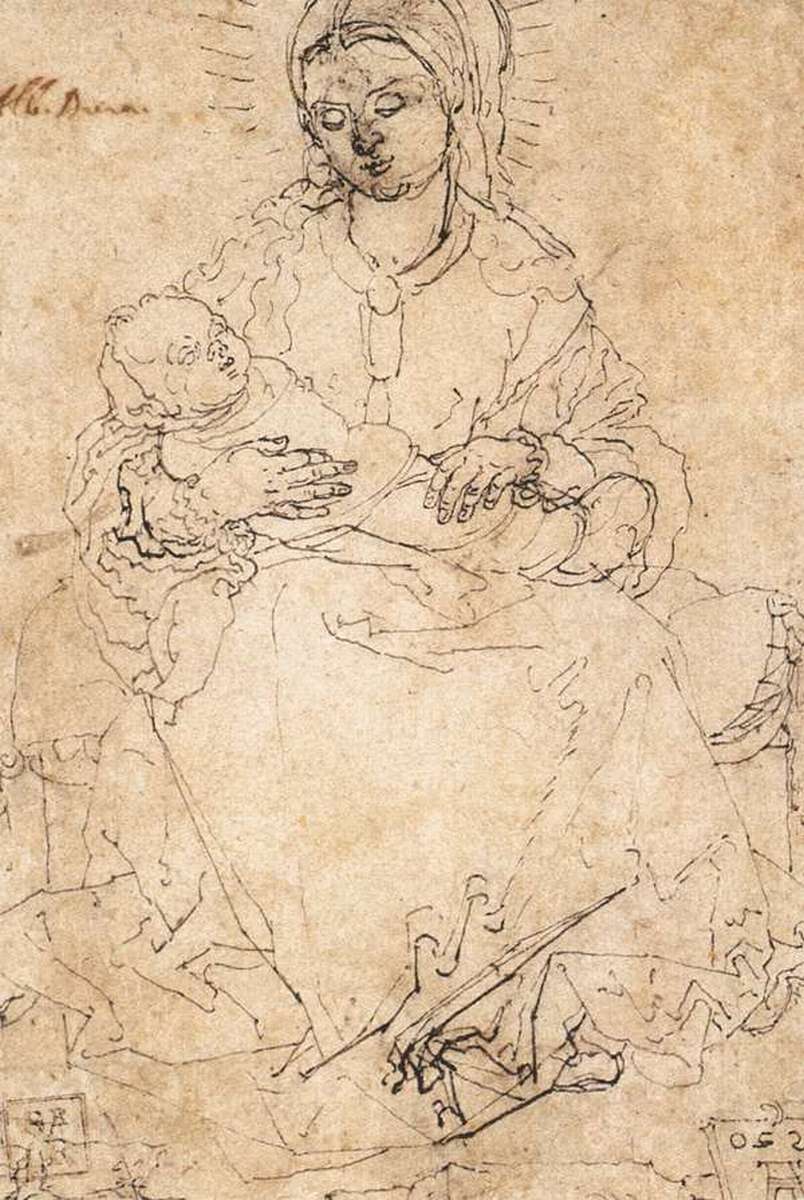 Мадонна с младенцем на каменной скамье